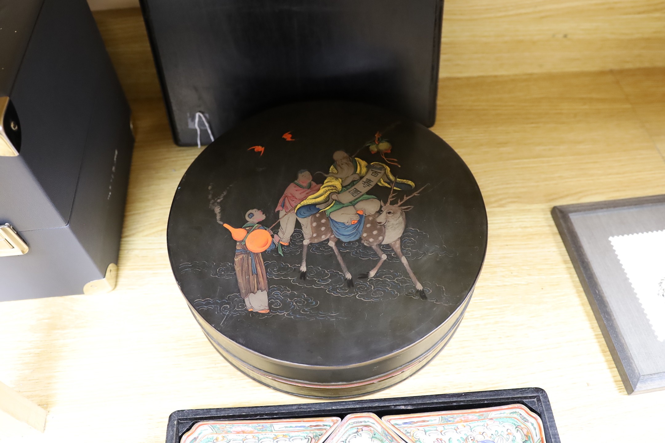 An early 20th century Chinese polychrome lacquer supper set and a Chinese Republic period famille rose boxed slipper (2 sets), slipper box, 31 cms square